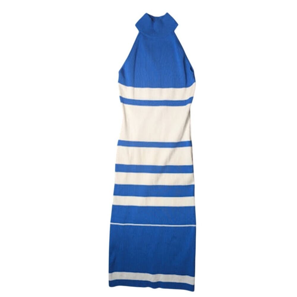 FASHION NOVA Women's Blue White stripped form fitting Maxi dress NWOT Large